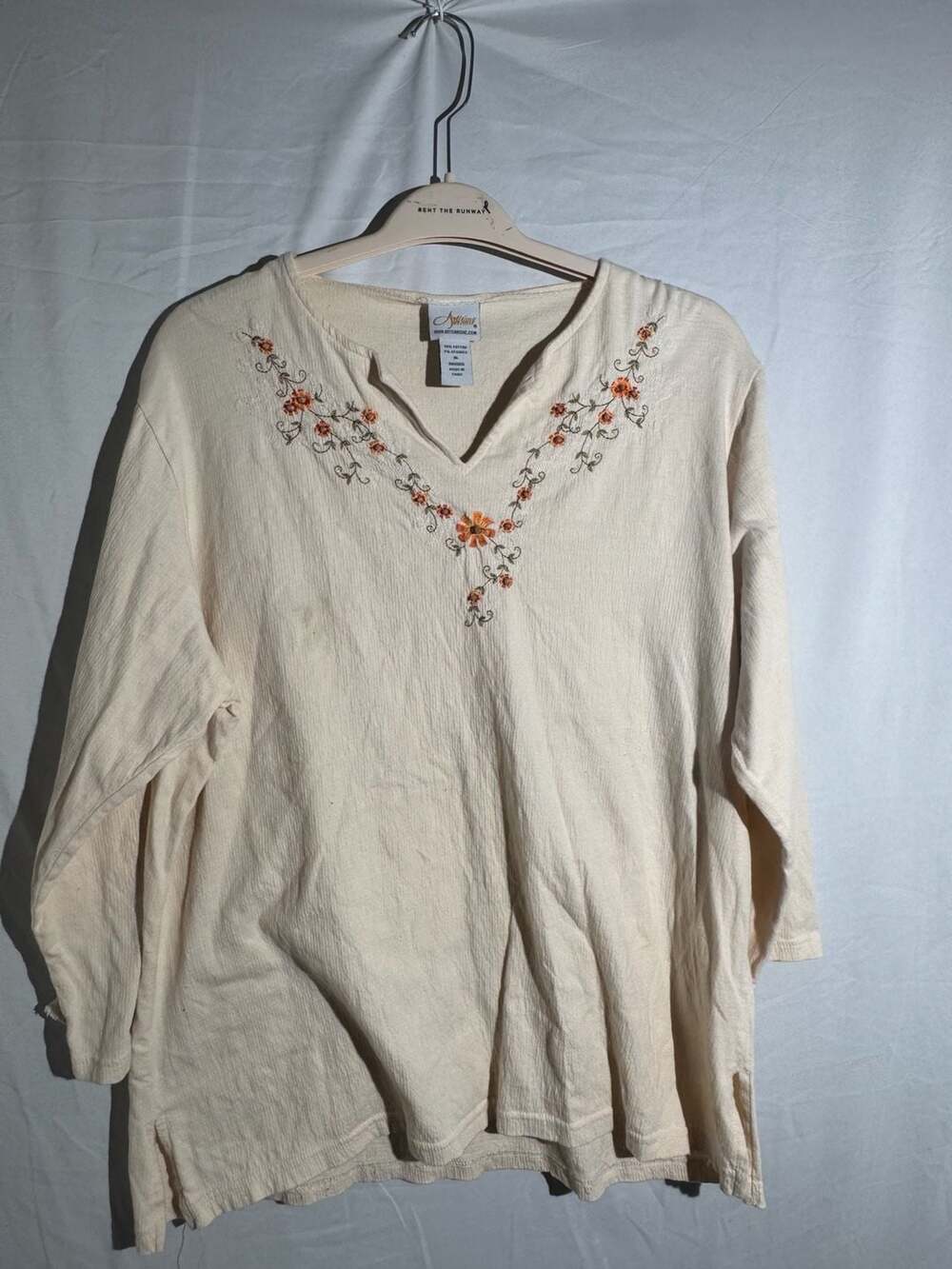 Artisans Embroidered V Neck Tunic Top Womens XL Cream Cotton Long Sleeve Boho
